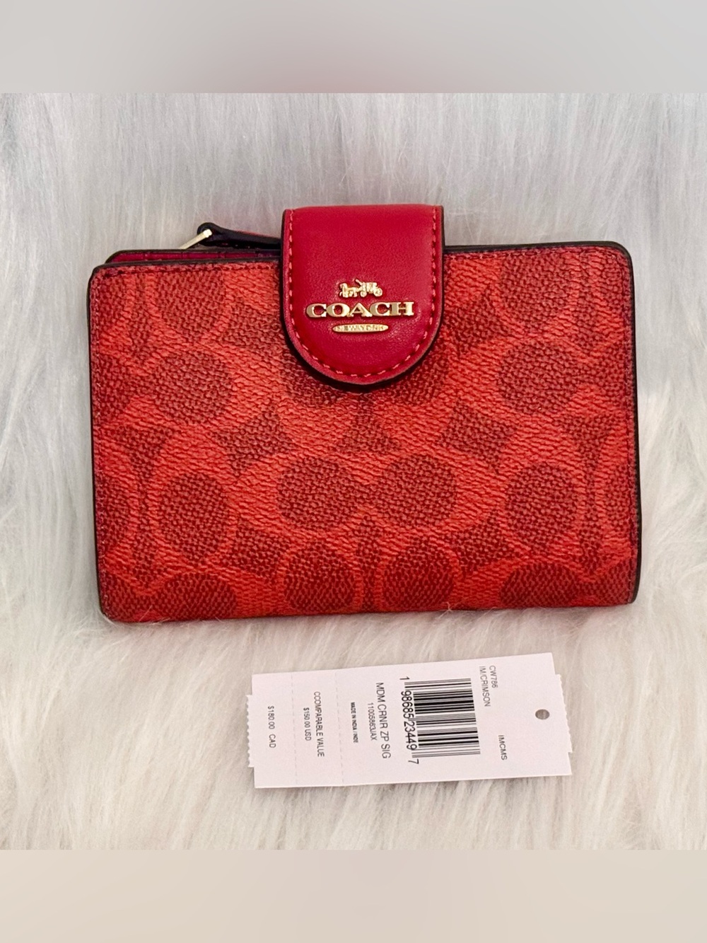 NWT Coach Medium Corner Zip Wallet In Signature Canvas GOLD/CRIMSON CW786
